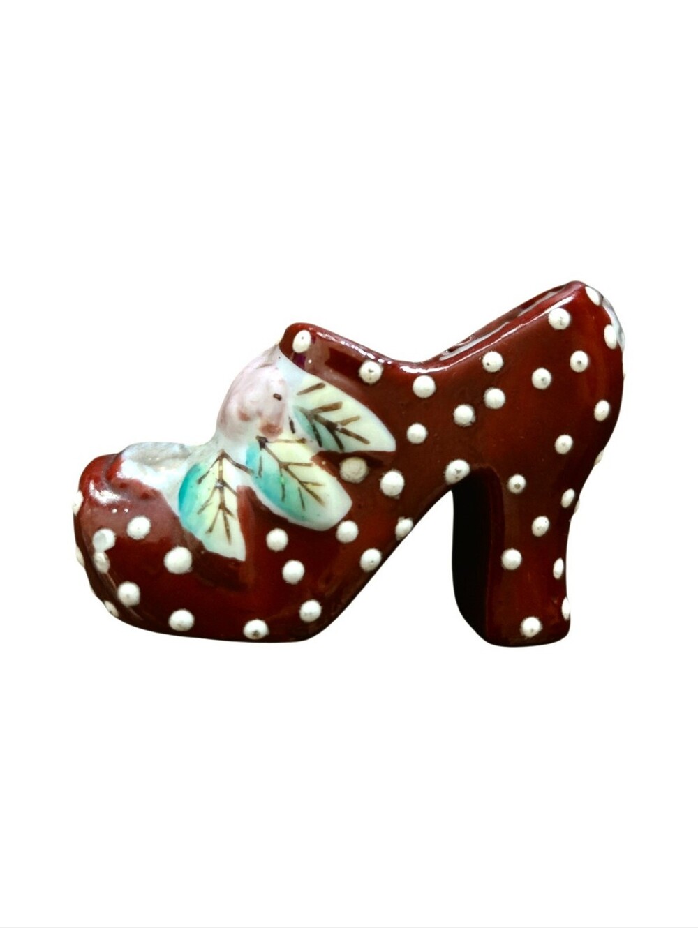 Red Porcelain Shoe With White Raised Polka Dots & Flowers Vintage 3"x2"x1"